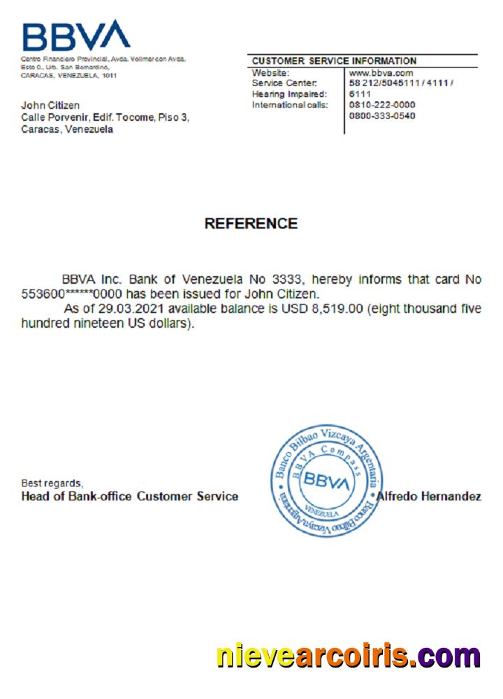 Venezuela BBVA bank reference